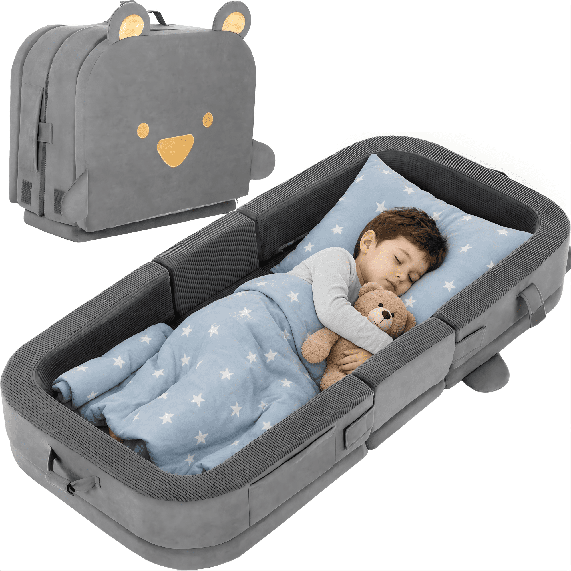 LIFERUN Foldable Toddler Travel Bed, Portable Toddler Floor Bed for Baby and Kids Aged 1-4, with Washable Cover, Safety Rail, for Home, Hotel, Camping