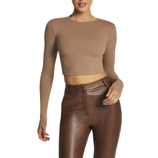 xiaxaixu Hauts Courts à Manches Longues pour Femmes Couleur Unie Col Rond Ajusté Printemps Automne Chemises de Base Mode Urbaine