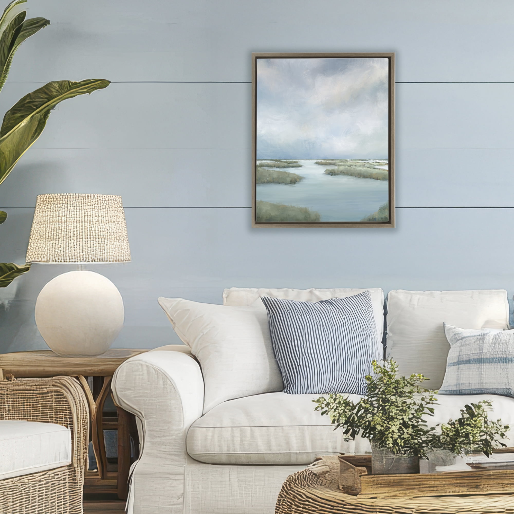Hazy Marsh Land View Brown Framed Floater Canvas Wall Art, design by Leah Noel Art