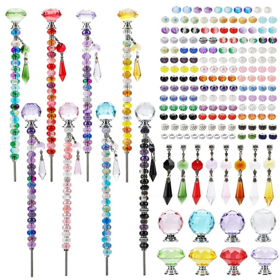 192Pcs DIY Fairy Wand Beaded Garden Stakes Kit, Fairy Garden Stakes Beads and Rods with Sparkling Crystal Pendants, Suitable for Garden Decorative Outdoor Beadable Items(10IN) C99