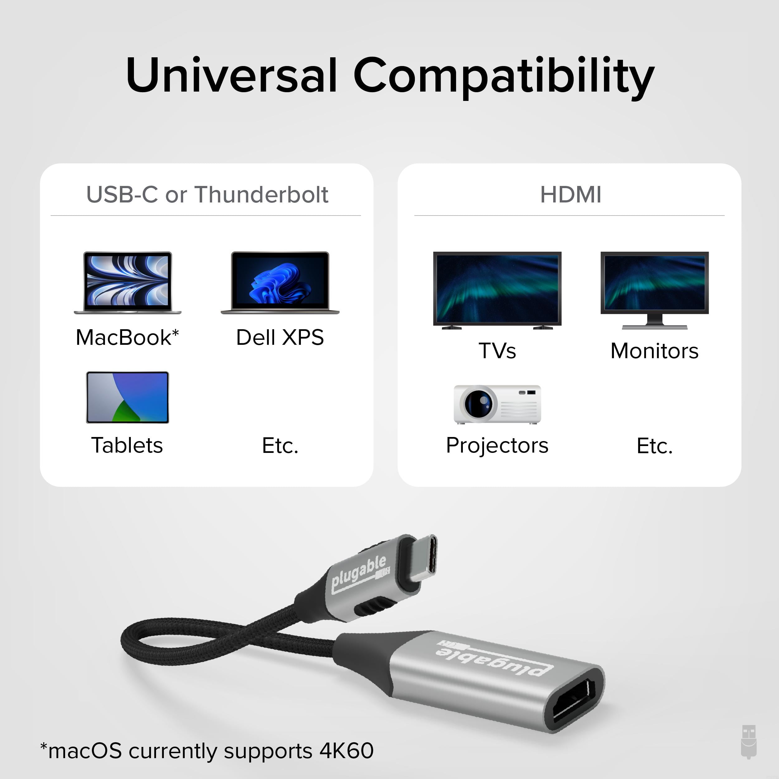 Plugable USB C to HDMI Adapter, 8K 60Hz or 4K 144Hz, USB4 / Thunderbolt to HDMI Adapter for 4K HDR Monitor, XPS, iPhone 15, iPad Pro, Macbook Pro, Mac Resolution up to 4K 60Hz (USBC-HDMI8K)