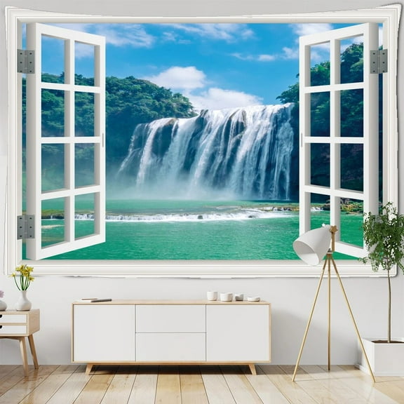 Imitation Window Landscape Tapestry Wall Hanging Beach Seaside Tree Tapestries Art Home ra