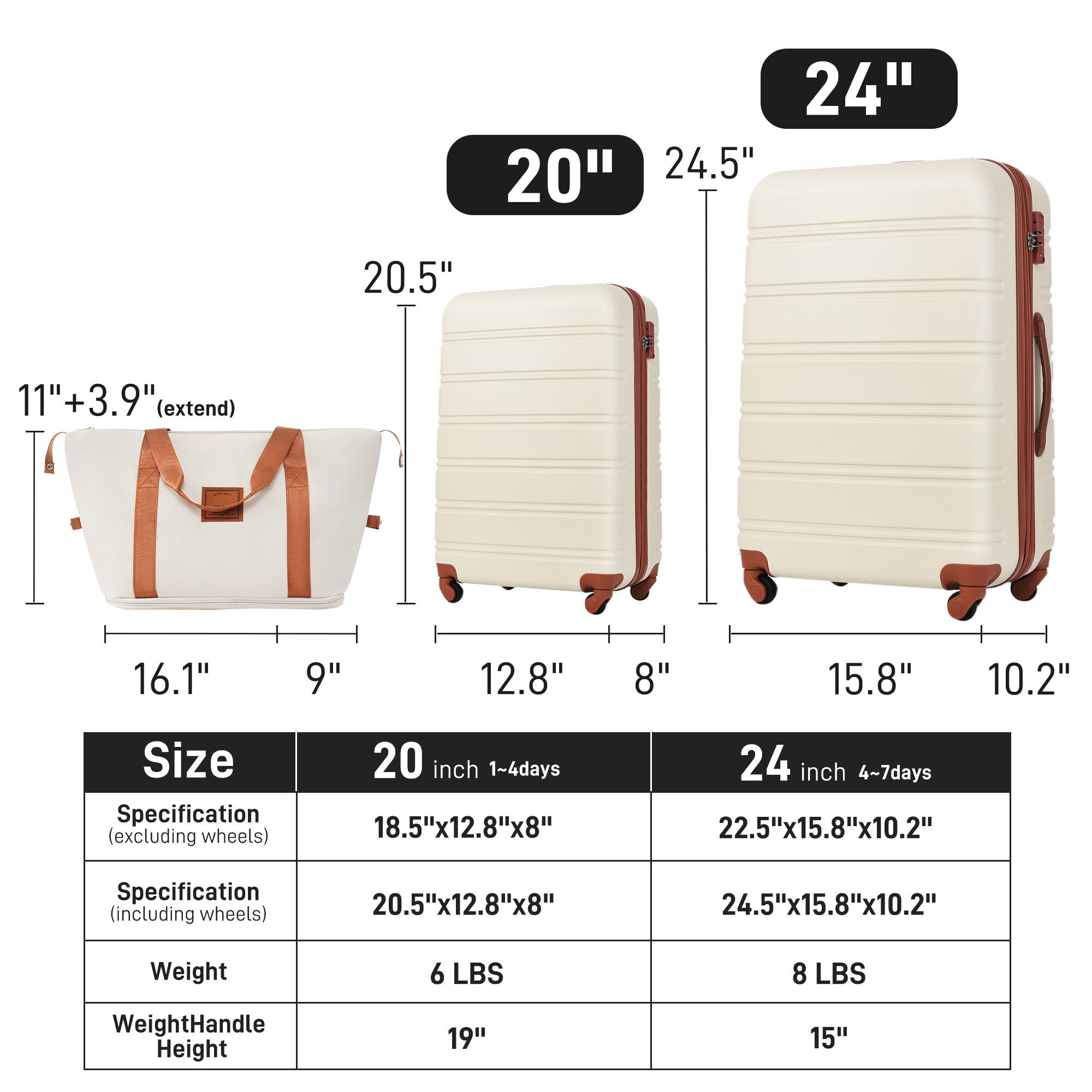 Hardside Suitcase, Hardshell Luggage Sets 2Pcs + Bag Spinner Suitcase with TSA Lock Lightweight 20" + 24", Brown+White Hardside Luggage,Abs Hardside Checked Luggage, Travel Luggage Hard Case Luggage