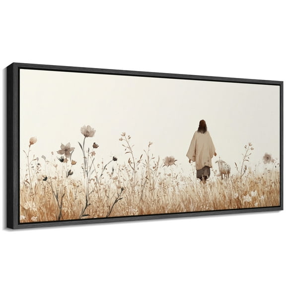 Large Framed Canvas Print A solitary figure walking through the reed marshes Wall Art Decorative Ready to Hang Painting for Living room Bedroom - 60"x30" Black Frame