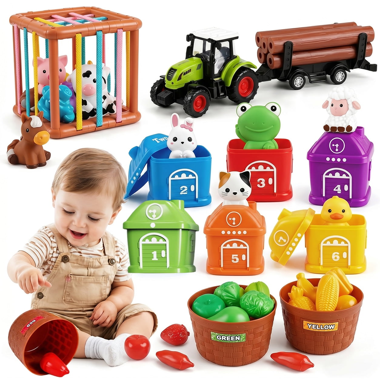 Rirool 4-in-1 Montessori Farm Toys for Toddlers 1-3, Sensory Learning Toy Set with Barn Animals, Sorting Blocks, Fruits & Vegetables, Educational Gift