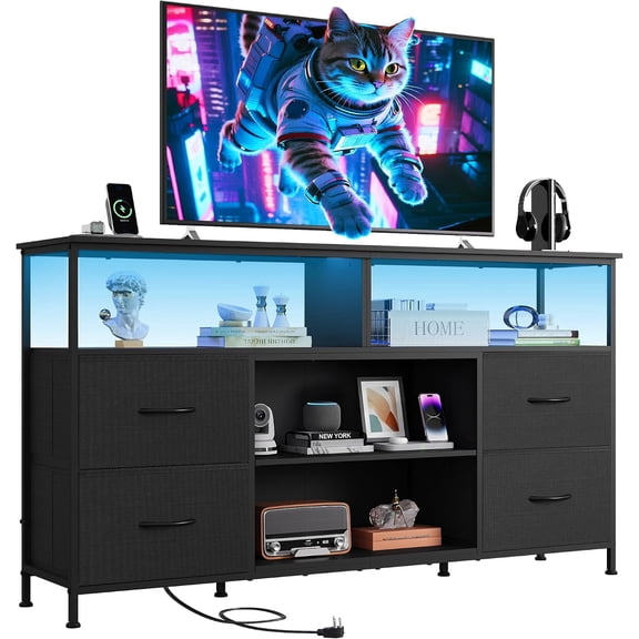 GALAXHERO TV Stand for 50/55/60 inch Television, Entertainment Center with LED Lights, 4 Fabric Drawers and Open Shelves, Media Console TV Stand for Bedroom and Living Room, Black