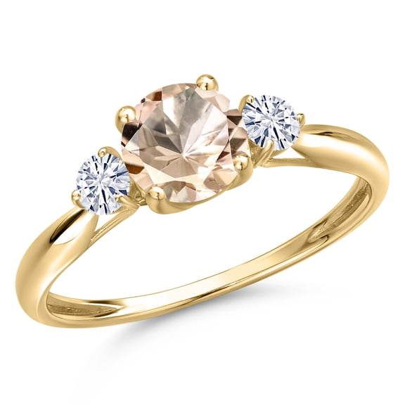 Gem Stone King 10K Yellow Gold Peach Morganite and White Moissanite 3-Stone Ring for Women | 0.80 Cttw | Round 6MM | Gemstone October Birthstone | Size 7