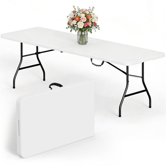 HOUSNIFLEX 8 Foot Plastic Folding Table Portable Heavy Duty Rectangular Table with Carry Handle, Indoor Outdoor for Camping Picnic Party Dining, White