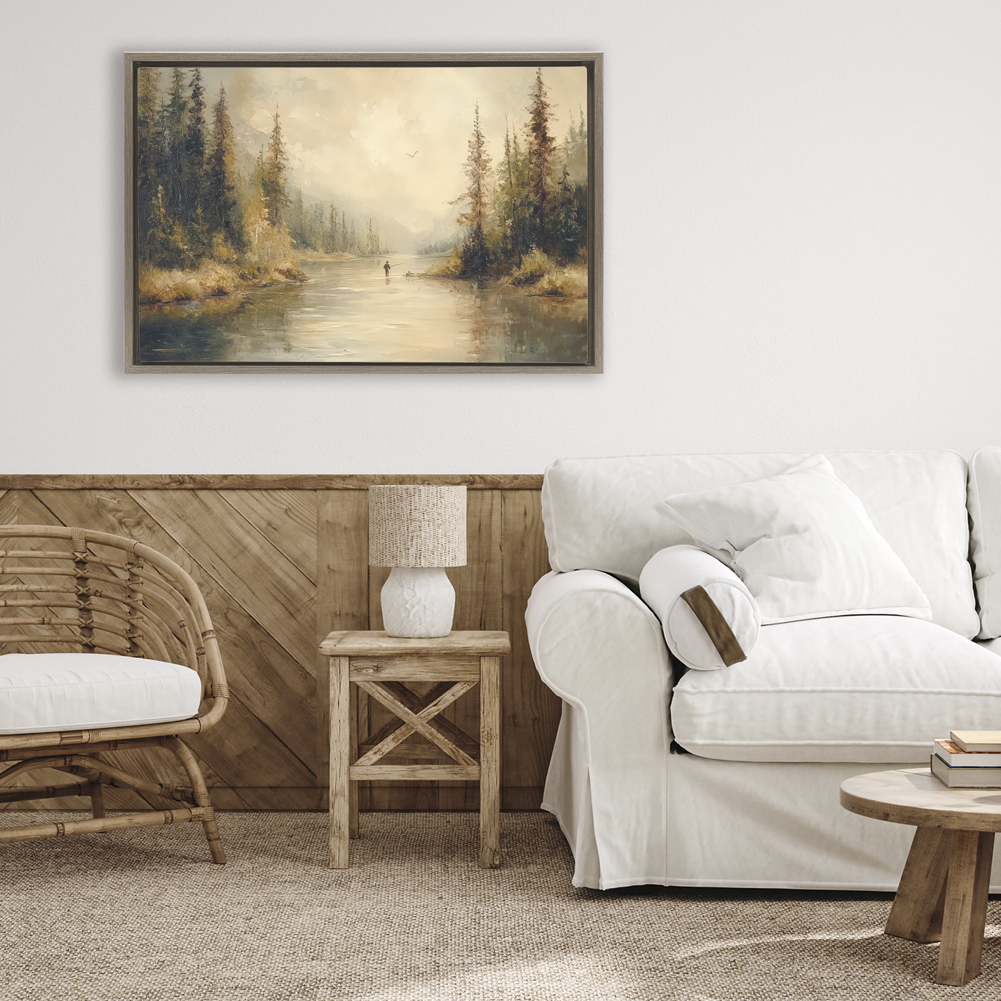 Stupell Industries Fly Fisher at Misty River Brown Framed Floater Canvas Wall Art, design by Petal Prints Design