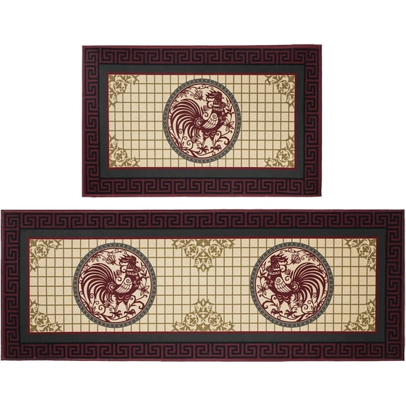 Kitchen Mat Set of 2 Pieces Farmhouse Anti Fatigue Floor Mat, Rooster Kitchen Rug Buffalo PlaidRug Sets Waterproof & Non-Slip Comfort Standing Mats for Kitchen, Sink, Laundry Fall or Farmhouse