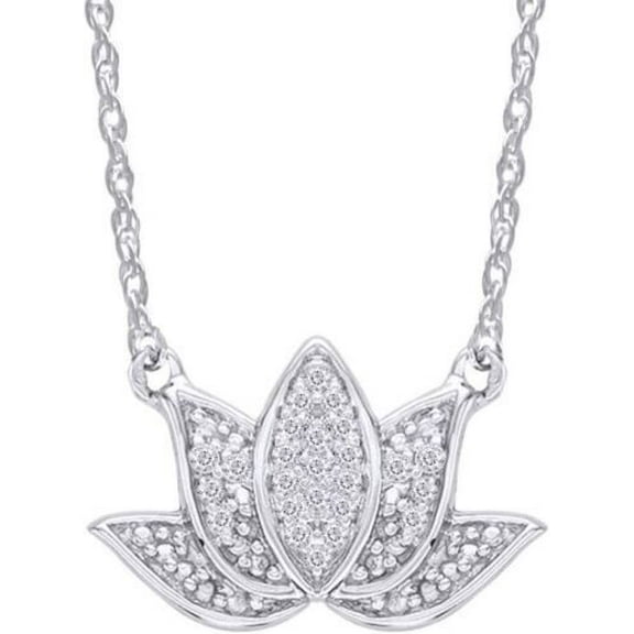 Round Natural Diamond Accent Lotus Flower Pendant 18" Necklace Sterling Silver