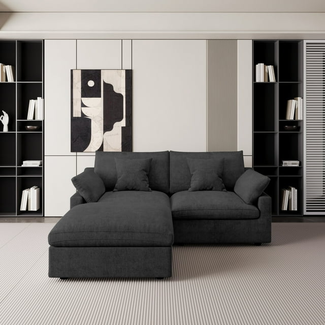 The Magic Home Canapé Sectionnel Modulaire en L en Lin avec Ottoman, Noir
