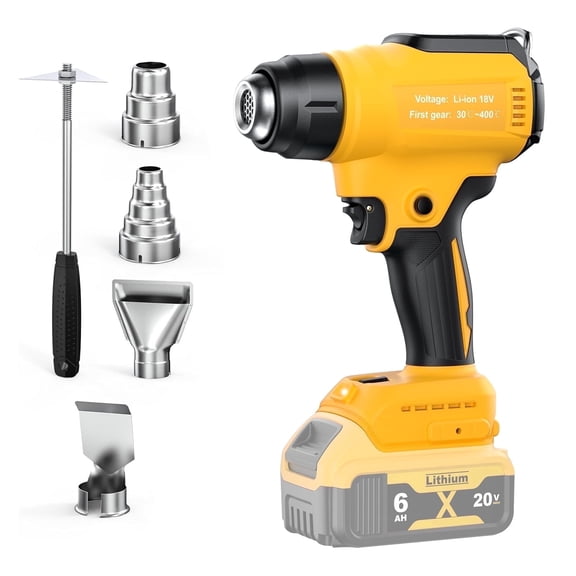 Heat Gun Cordless for Dewalt 20V Battery, 350W,Fast Heating Soldering Hot Air Gun 122℉-1022℉ Variable Temperature Control LED Light, with 4pcs Nozzles&Scraper for Crafts, ,Shrink Wrap(NO battery）
