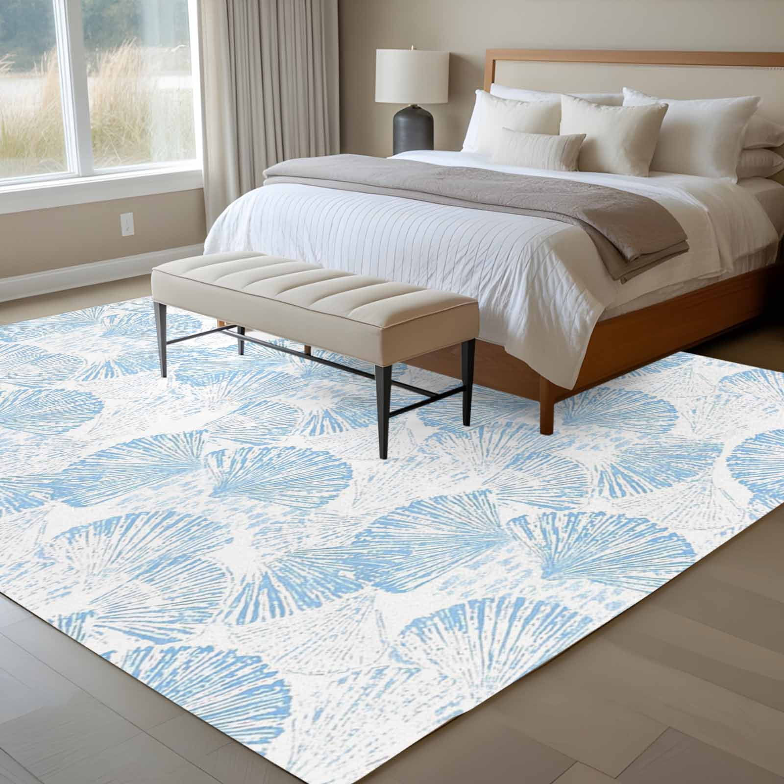 Ocean Shell Area Rugs 8'x10', Washable Small Throw Rugs for Living Room Patio, Summer Coastal Seashells Texture Light Blue Indoor Outdoor Rug Non-Slip Low Pile Carpet Runner Reversible Floor Mats