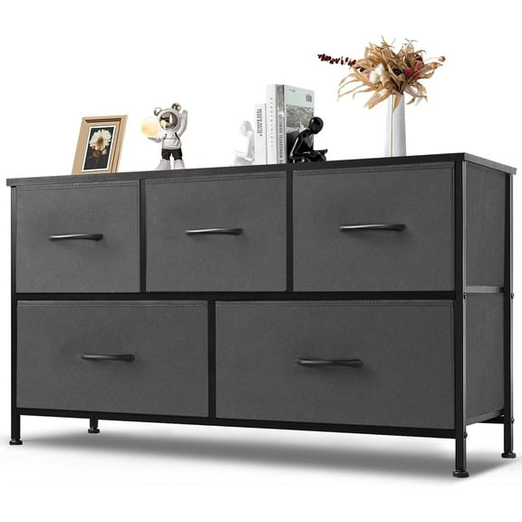 5 Drawer Dresser, Wide Chest Of Drawers Nightstand Storage Tower Storage Dresser Fabric Dresser With Wood Top for Living Room, Bedroom, Hallway, , Grey