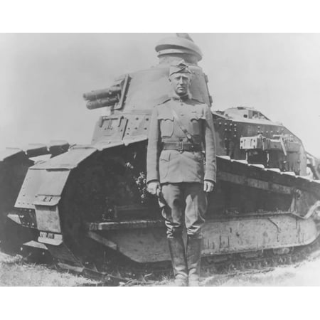 Digitally restored vector image of General George Smith Patton and a French Renault tank Canvas Art - John ParrotStocktrek Images (32 x 25)