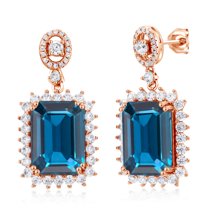 Gem Stone King 18K Rose Gold Plated Silver London Blue Topaz Dangle Earrings for Women (19.60 Cttw, Gemstone November Birthstone, Emerald Cut 14X10MM)