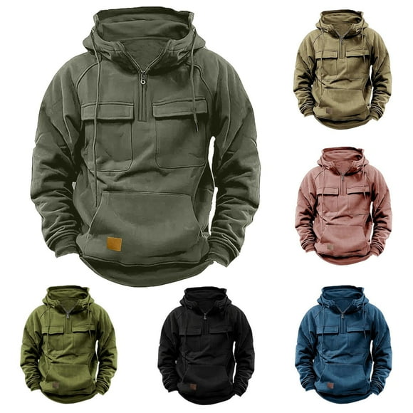 UVEASISHA Quarter Zip Tactical Hoodies for Men Multi-pocket Vintage Hooded Sweatshirt Outdoor Midweight Winter Pullovers with Drawstring 90% off Clearance Sale,Hot Pink,L