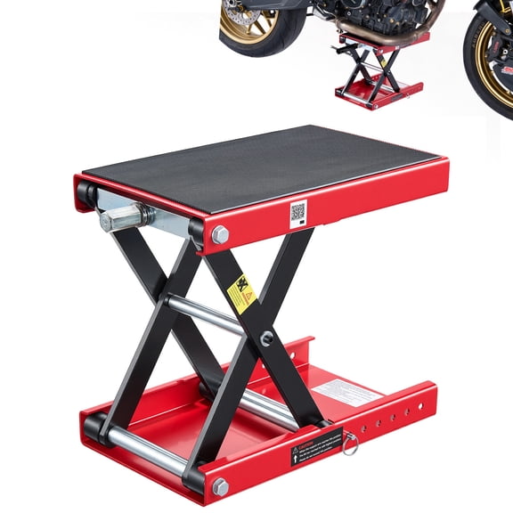 KFFKFF Motorcycle Lift, 1100 lbs Scissor Lift Jack with Wide Deck & Lock Pin, 3.74"-13.38" Adjustable Center Hoist Crank Stand, Steel Jack for Street, Cruiser, and Touring Bikes, Red/Black
