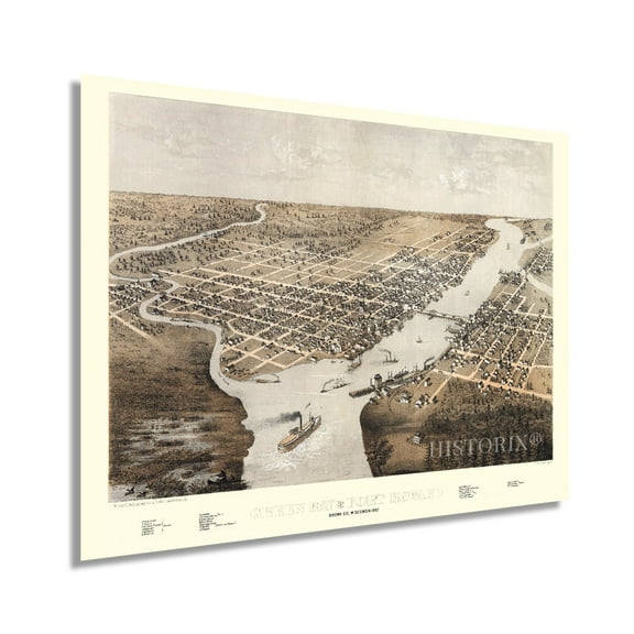1867 Green Bay Wisconsin Map - Vintage Green Bay Map-  Old Bird's Eye VIew of Green Bay and Fort Howard Wisconsin - History Map of  Green Bay Wall Art Poster