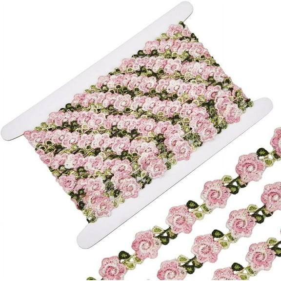 5 Yards Floral Lace Ribbon Trim Pink Flower Upholstery Trim Embroidered Sewing Applique