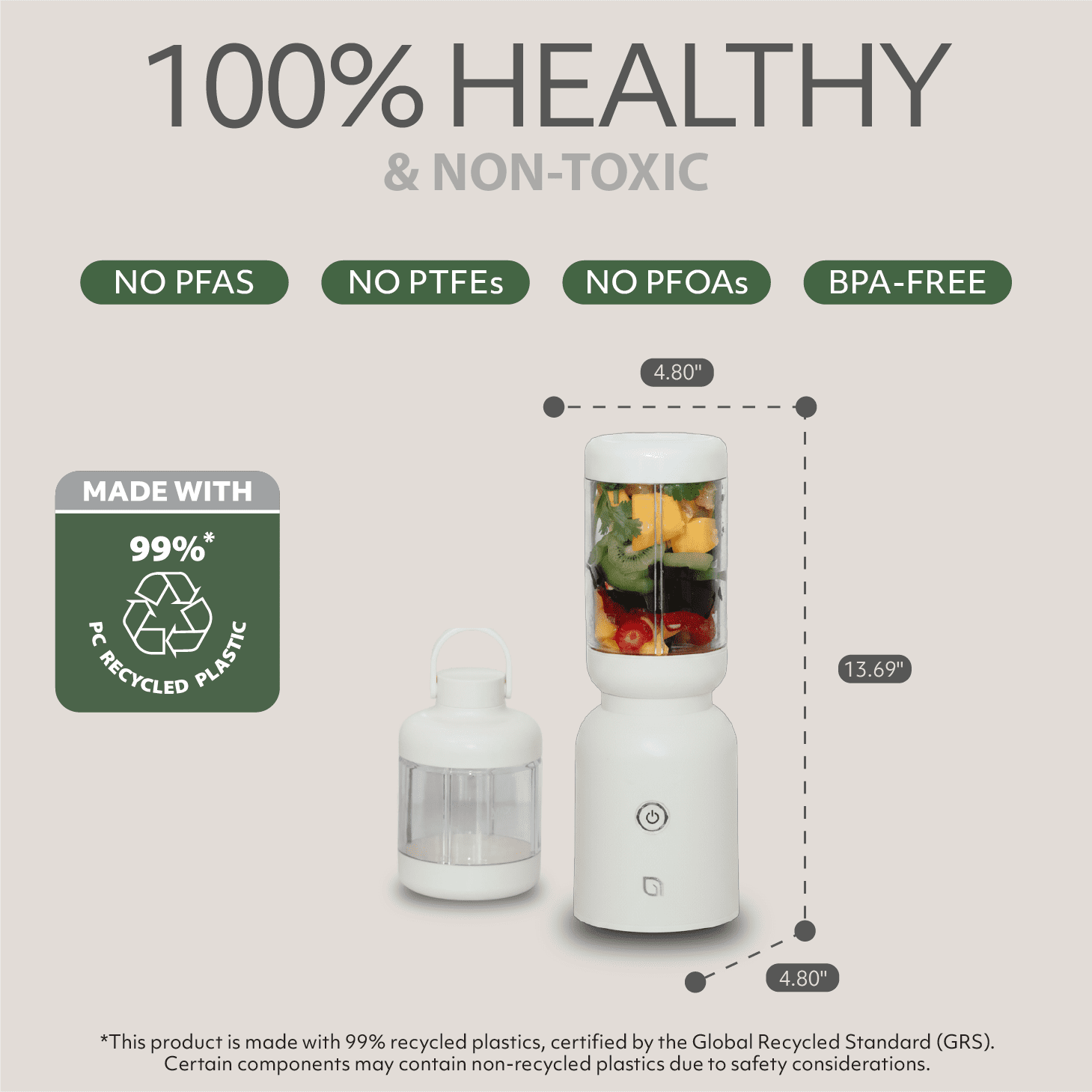Willow Kitchen Portable Blender Eco Series Warrior Single-Serve Blender for Smoothies with Travel Lid, 1L Personal Blender, 600W, White