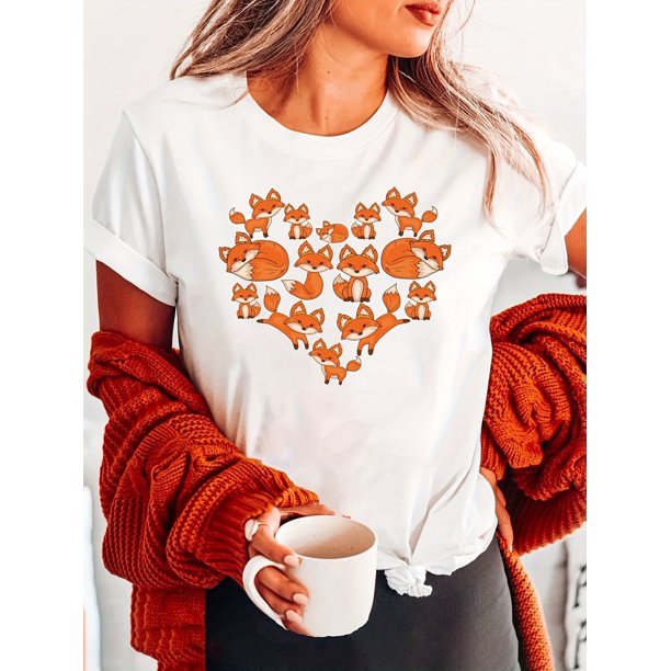 Charming Fox Heart Tee - Women's Casual Crew Neck Short Sleeve Top, Breathable & Machine Washable for Spring & Summer