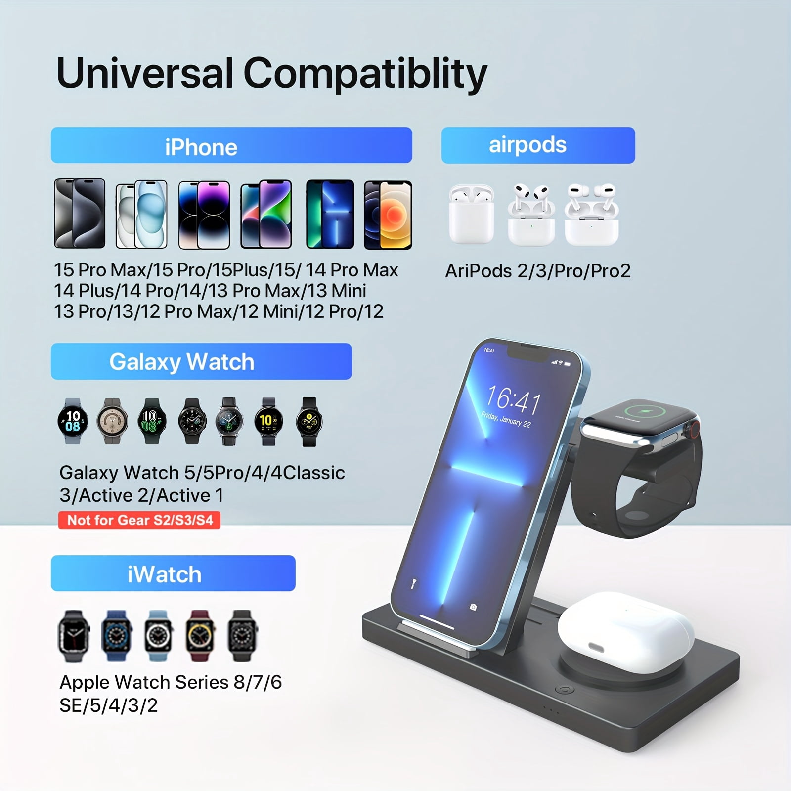 General-5 In 1 Fast Charging Dock Station - Foldable Wireless Charger Pad with Magnetic Base - for iPhone 15 14 13 12, for iWatch 9 8 7 6/for Samsung for galaxy Watch 5 Pro/4/3/Active 2 1 for airpods