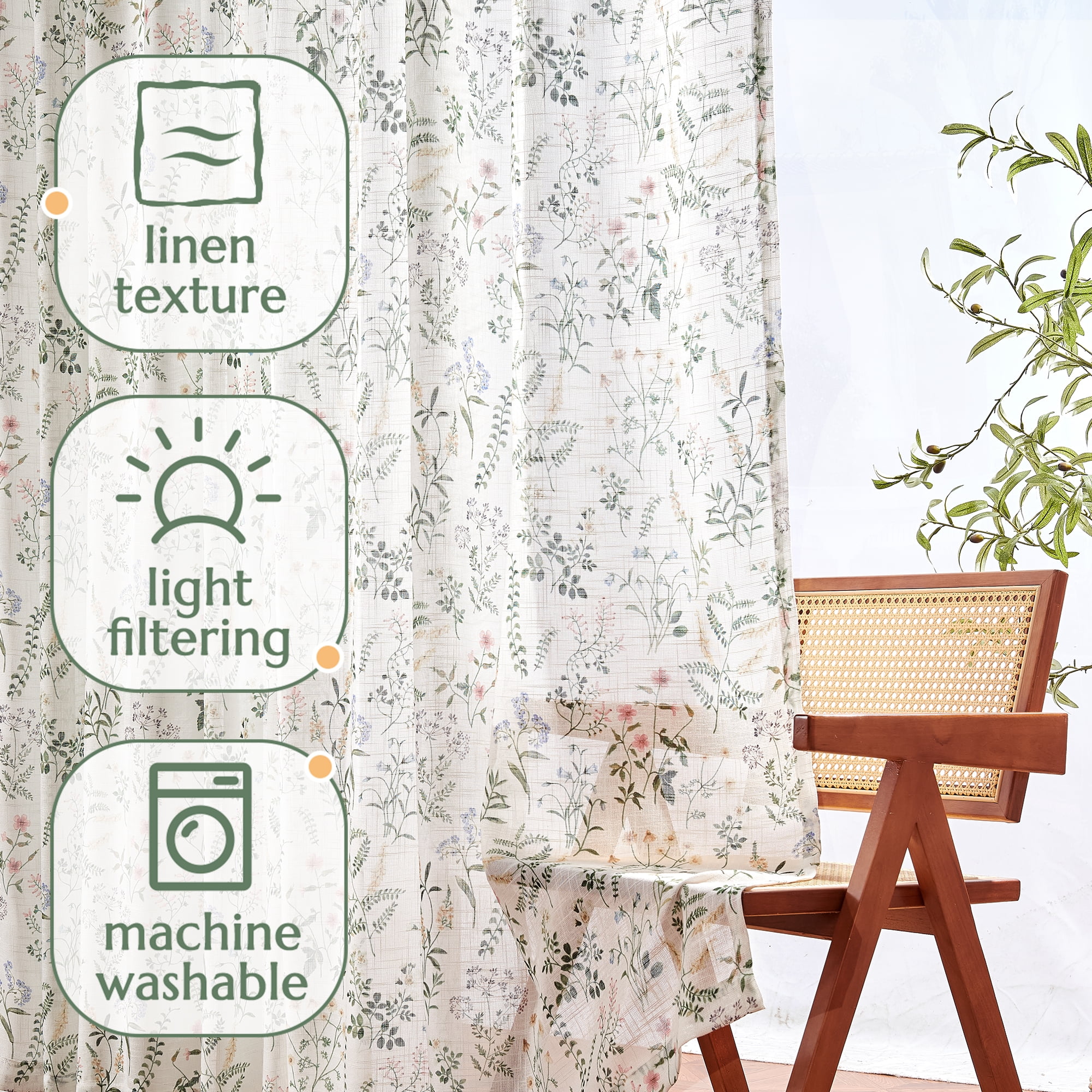 CURTAINKING Floral Curtains Farmhouse Green Curtain 90 Inches Long for Bedroom French Country Back Tab Drapes Plants Printed Light Filtering Window Treatment Curtains Set, 2 Panels