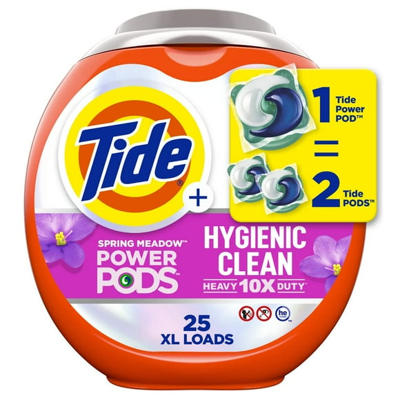 Tide Power PODs Hygienic Clean Heavy Duty, Liquid Laundry Detergent Pacs, HE Compatible, 25 Count, For Visible and Invisible Dirt, Spring Meadow Scent, Orange and Pink