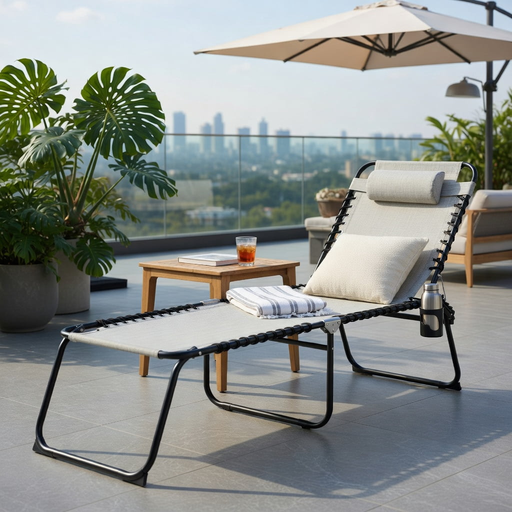 Hommoo Foldable Steel Beach Lounge Chair with Adjustable Backrest & Comfort Pillow, Weather-Resistant Patio Chaise for Outdoor and Indoor Use, Gray