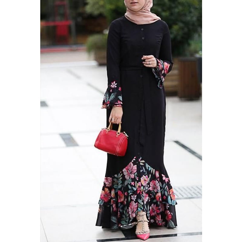 Summer Girls Muslim Maxi Shift Dress Ruffle 3/4 Sleeve Islamic Abaya Jilbab New 