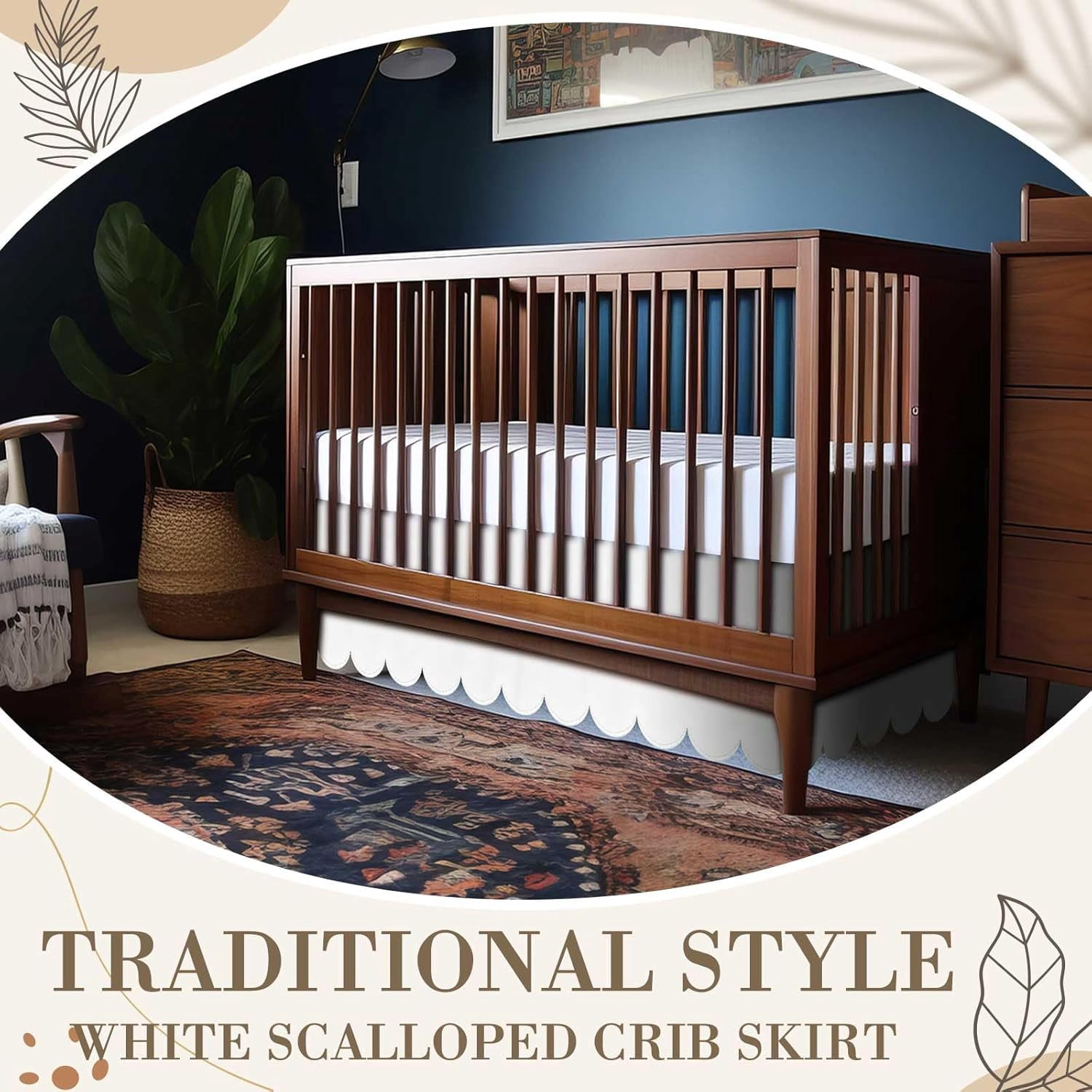 AUQ White Scalloped Crib Skirt; Drop Pleated Dust Ruffle with Split Corners for Baby Boys Girls Soft 4-Sided Crib Bed Skirt Nursery Standard Toddler Bedding