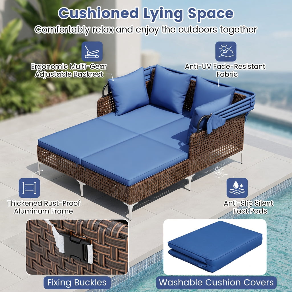 Hommoo Outdoor Daybed with Retractable Sun Canopy, PE Wicker Patio Lounger with Cushions, Ideal for Backyard, Poolside & Garden, Navy