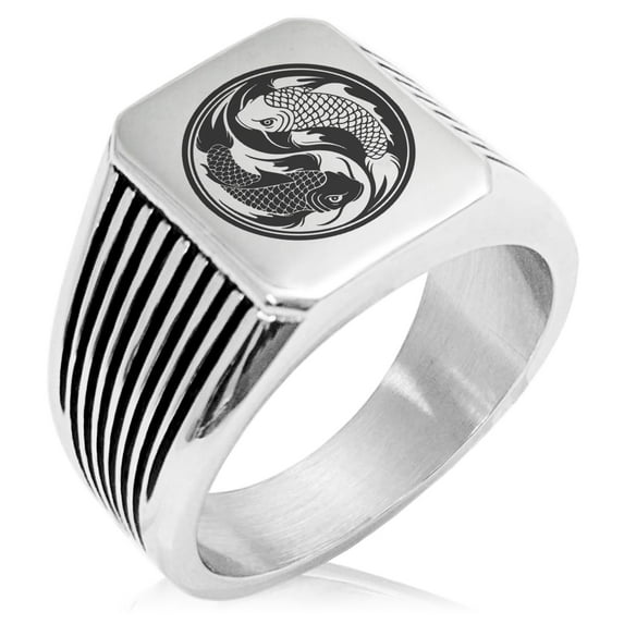 Stainless Steel Koi Fish Yin Yang Needle Stripe Pattern Biker Style Polished Ring