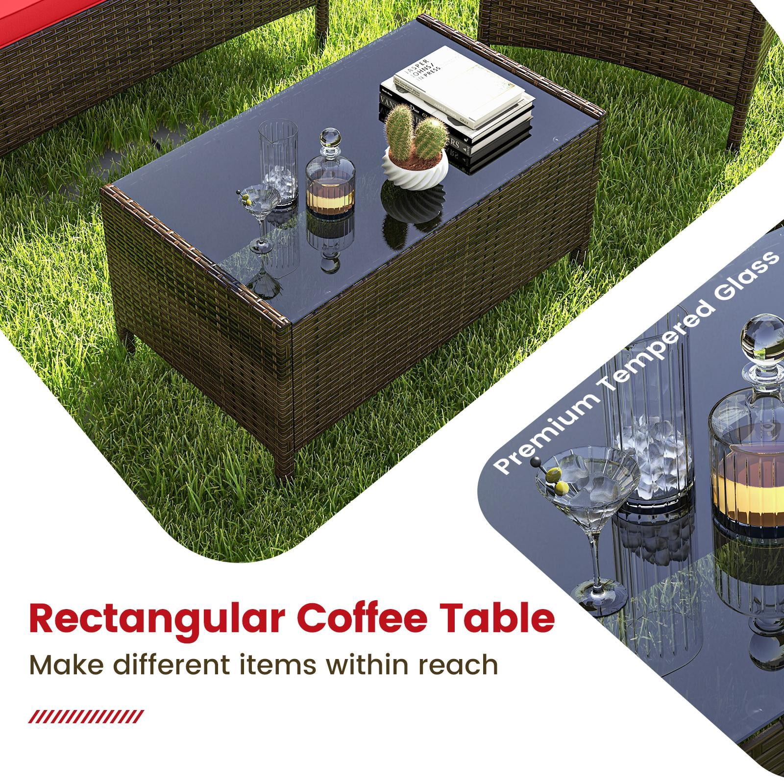 Costway 4PCS Rattan Patio Furniture Set Cushioned Sofa Chair Coffee Table Red