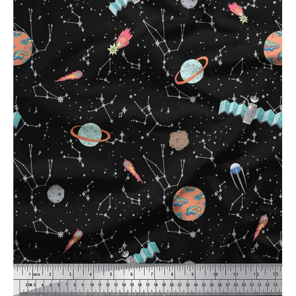 Soimoi Cotton Duck Fabric Star,Satellite & Planet Galaxy Printed Craft Fabric by The Yard 42 Inch Wide