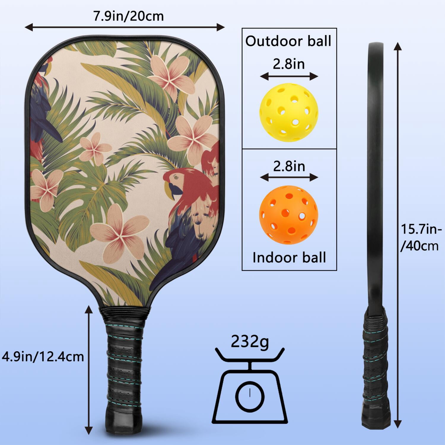 Pickleball Paddles Set Of 2, Fiberglass Surface, Tropical Jungle Print, 4 Balls & Bag