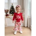 thumbnail image 3 of Cjfdfy Newborn Baby Girl Christmas Outfits Holly Jolly Print Long Sleeve Ruffle Romper Candy Print Flare Pants Headband 3Pcs Infant Cute My First Christmas Fall Winter Clothes 0-18M, 3 of 9