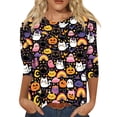 thumbnail image 2 of Womens Halloween Shirts Horror 3/4 Sleeve Pullover Spooky Halloween Ghost Pumpkin Printed T Shirts Funny Round Neck Tops Three Quarter Length Blouse,3XL, 2 of 7