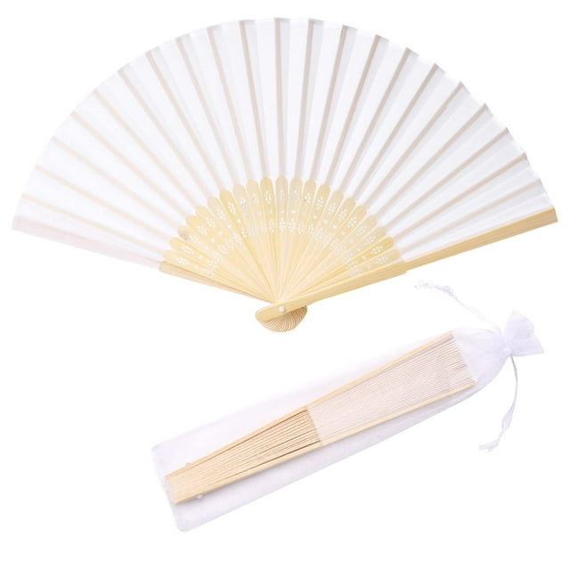 Hand Fan SL Crafts - Tela de seda imitada (bambú, 24 unidades), color blanco