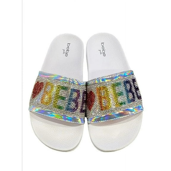 Bebe Girls' Slip-Resistant Slide Sandals, Open Toe, White & Multicolor