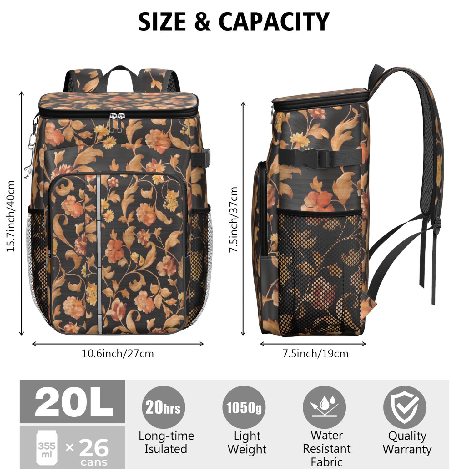 Travel Cooler Bag - Pioneer Flower Floral Print Pattern Camping Beer Cooler Backpack with Bottle Opener- Waterproof Insulated Picnic Backpacks - Cooler Bag for Beach