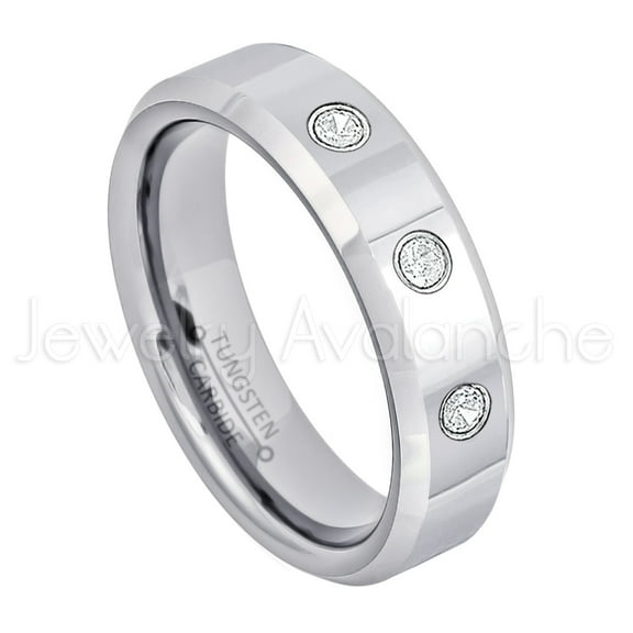 6mm Ladies Polished Beveled Tungsten Ring - 0.21ctw Diamond 3-stone Band - Personalized Tungsten Wedding Ring - Custom Made April Birthstone Ring TN048BS