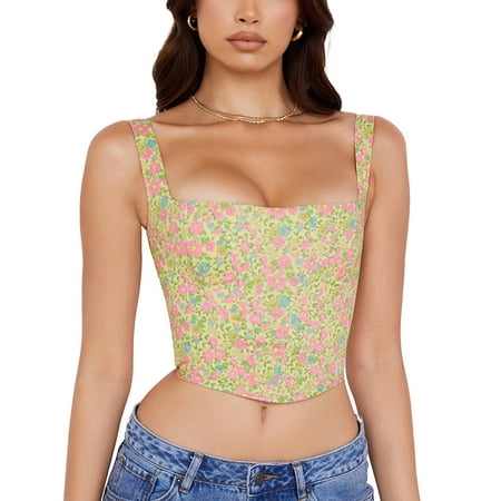 

Ma&Baby Women Camisole Corset Casual Summer Floral Print Sleeveless Crop Tops Streetwear