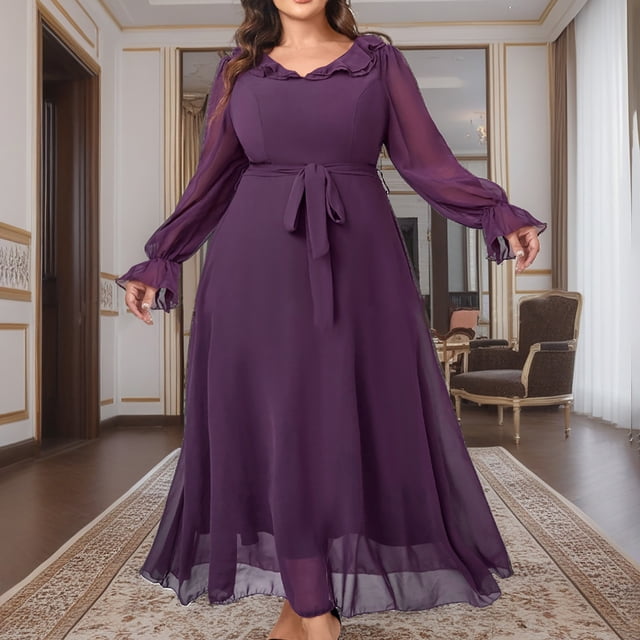 Ovzne Robes pour Femmes 2025 Robe Femmes Grande Taille Taille Haute Mode Élégante Chiffon Manches Longues Longue Robe de Soirée Grande Taille Robe Manches Longues Liquidation