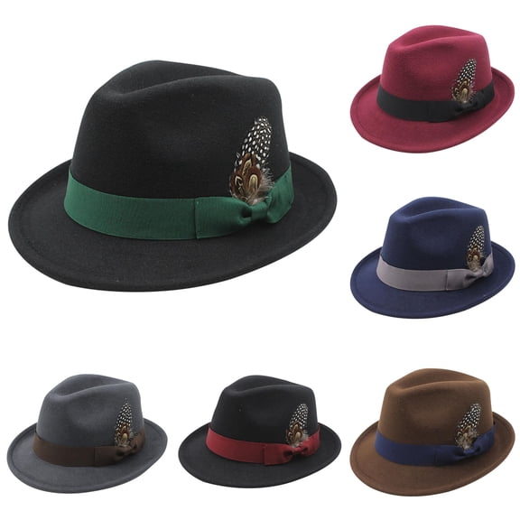 Wxolcjlv Feather Decor Fedora Hat for Men Green Ribbon Band Wide Brim Headwear