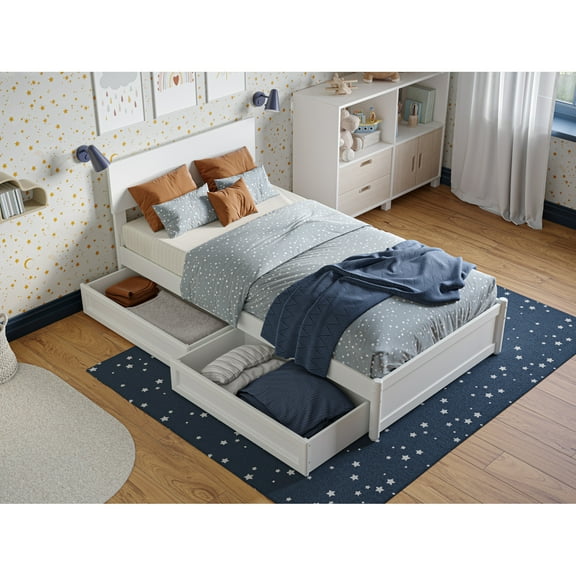 Wesley Twin Wood Platform Bed with Panel Footboard and Storage Drawers in White