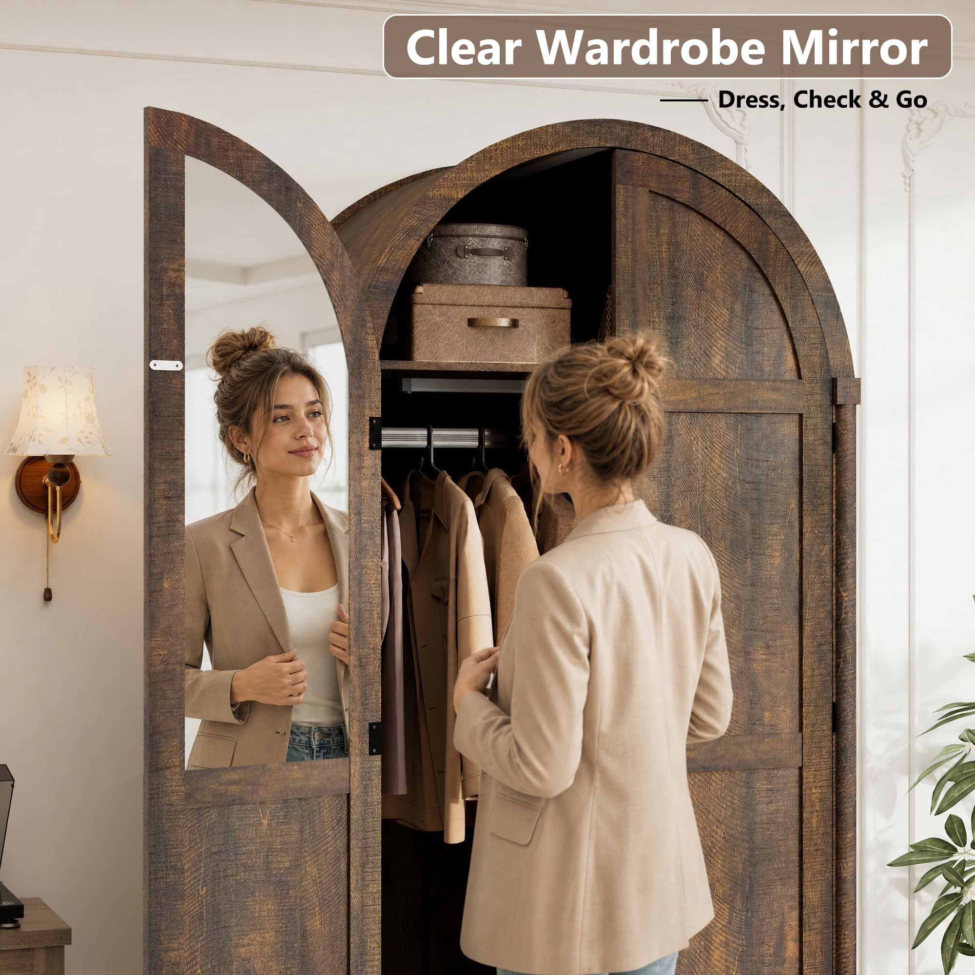 Arched Armoire Wardrobe with LED Sensor Light & Mirror, 2-Door Wardrobe Closet with Drawers, Rustic Farmhouse Bedroom Armoire Clothing Storage Cabinet with Hanging Rod