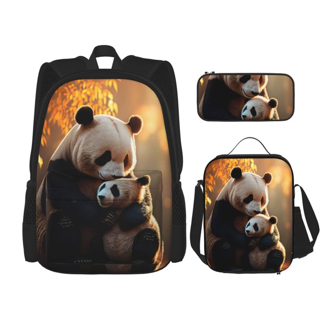 Easygdp Maple Forest Panda Mochila para Niños y Niñas con Set de Caja de Almuerzo y Estuche para Lápices 3 en 1, Mochila Escolar Estampada para Adolescentes